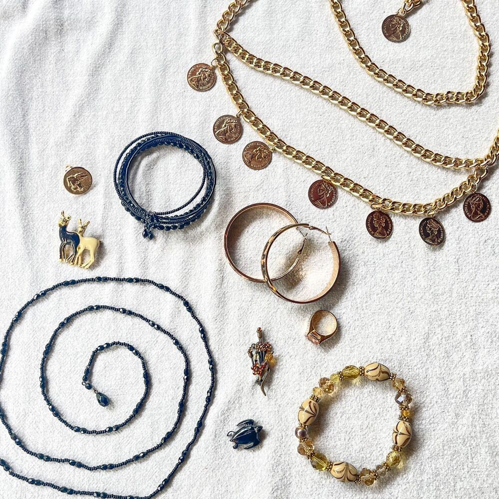 Vintage Costume Jewelry Mixed Lot 10 Coin Belt Necklace Bracelets Pin Ring Charm